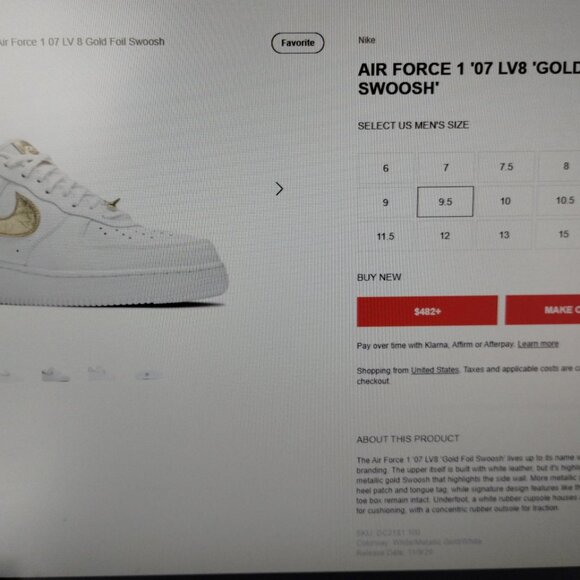 Nike Air Force 1 '07 LV8 Low DC2181-100 - White Metallic Gold Size Men 9.5 - Picture 13 of 14